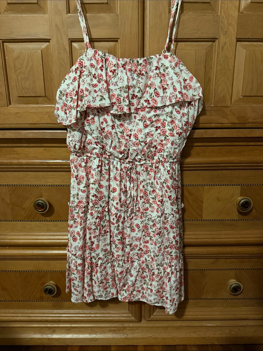 Girls Floral Ruffle Sundress - White with Red Rose Print